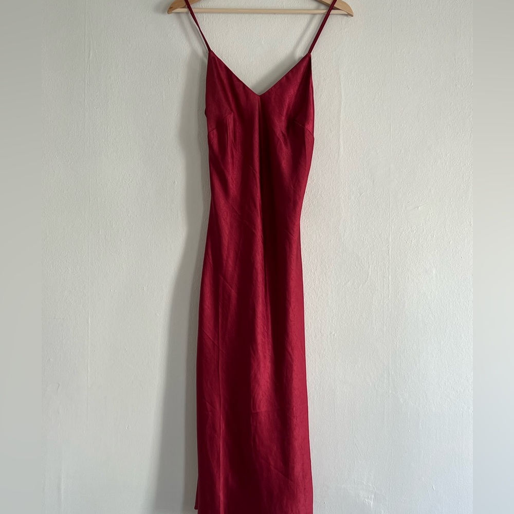 red satin midi dress